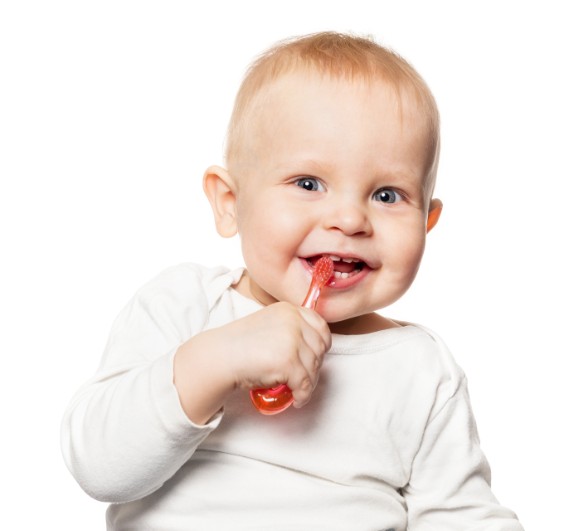Smiling toddler with baby teeth holding a toothbrush